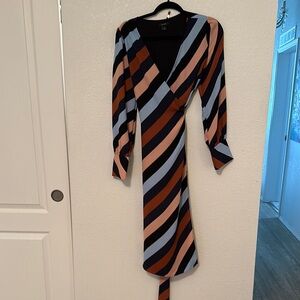 Halogen navy blue tan pink wrap striped Long Sleeve Bishop Sleeve Dress